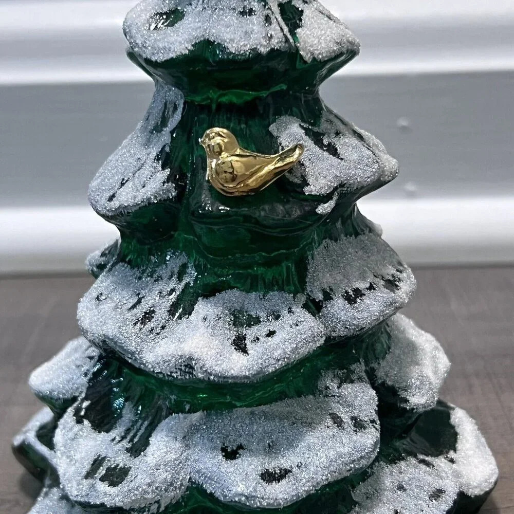 Fenton Art Glass Christmas Tree Figurine Green Frosted Gold Bird Set Of 3 VTG - Picture 2 of 14